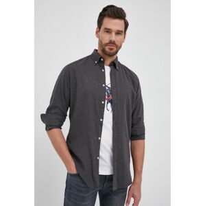 Bavlněné tričko Selected Homme pánské, šedá barva, slim, s límečkem button-down