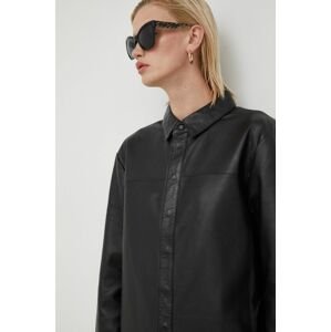 Kožená košile Bruuns Bazaar pánská, černá barva, regular, s klasickým límcem