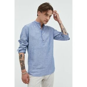 Košile ze směsi lnu Premium by Jack&Jones pánská, fialová barva, slim, se stojáčkem