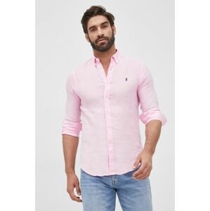 Plátěná košile Polo Ralph Lauren pánská, růžová barva, slim, s límečkem button-down