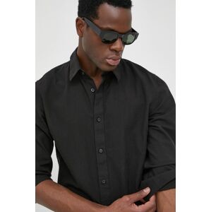 Košile ze směsi lnu Selected Homme pánská, černá barva, slim, s klasickým límcem