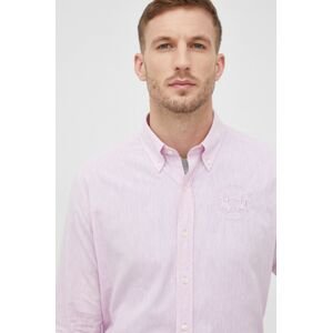 Košile ze směsi lnu La Martina pánská, růžová barva, slim, s límečkem button-down