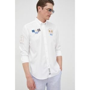 Bavlněné tričko La Martina bílá barva, slim, s límečkem button-down