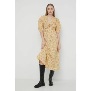 Bavlněné šaty Notes du Nord žlutá barva, midi, áčková