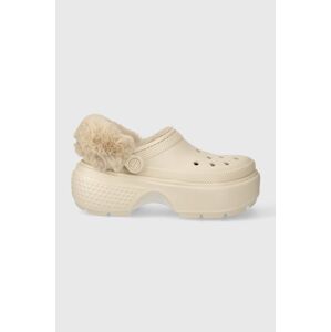 Pantofle Crocs Stomp Lined Clog dámské, béžová barva, na platformě, 208546