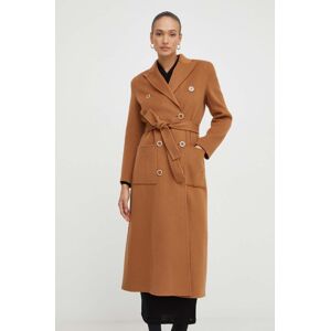 Vlněný kabát Elisabetta Franchi hnědá barva, přechodný, dvouřadový