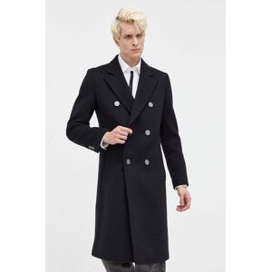 Vlněný kabát HUGO černá barva, přechodný, dvouřadový