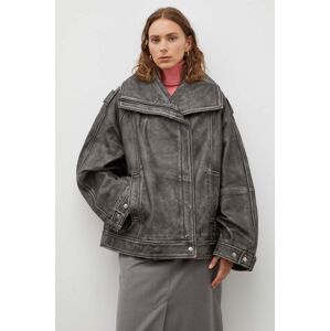 Kožená bunda Remain dámská, šedá barva, přechodná, oversize