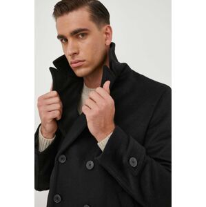 Vlněný kabát United Colors of Benetton černá barva, přechodný, dvouřadový