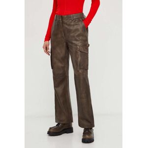 Kožené kalhoty Herskind dámské, hnědá barva, jednoduché, high waist