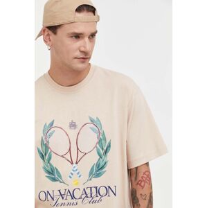 Bavlněné tričko On Vacation béžová barva, s potiskem