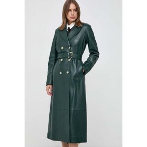 Kožený kabát Ivy Oak dámský, zelená barva, přechodný, dvouřadový