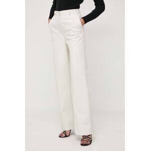 Kožené kalhoty BOSS dámské, béžová barva, jednoduché, high waist