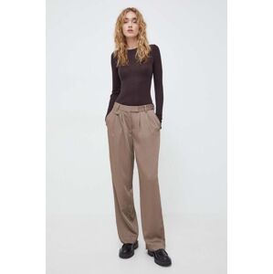 Kalhoty Bruuns Bazaar dámské, béžová barva, jednoduché, high waist