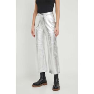Kožené kalhoty Pepe Jeans dámské, stříbrná barva, jednoduché, high waist