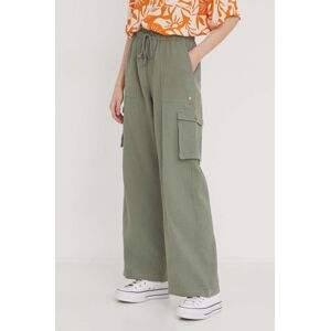 Bavlněné kalhoty Roxy zelená barva, široké, high waist, ARJNP03286