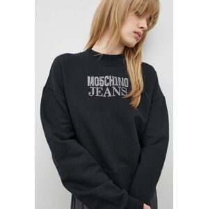 Bavlněná mikina Moschino Jeans dámská, černá barva, s aplikací