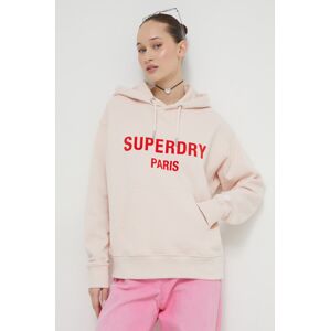 Bavlněná mikina Superdry dámská, růžová barva, s kapucí, s potiskem