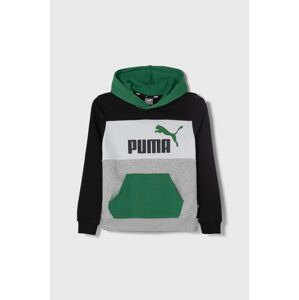 Dětská mikina Puma ESS BLOCK TR B zelená barva, s kapucí, vzorovaná