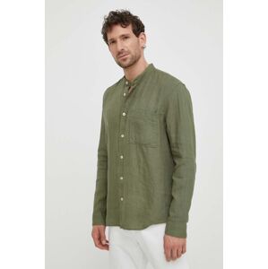 Lněná košile Marc O'Polo zelená barva, regular, se stojáčkem