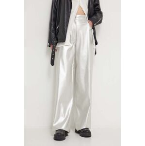 Kalhoty HUGO dámské, stříbrná barva, široké, high waist