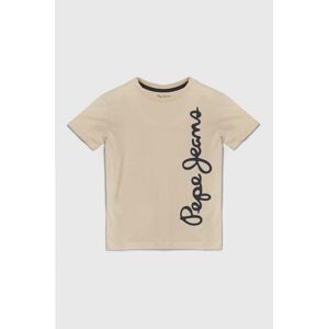 Dětské bavlněné tričko Pepe Jeans WALDO béžová barva, s potiskem