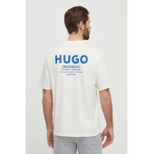 Bavlněné tričko Hugo Blue béžová barva, s potiskem