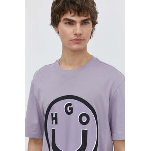 Bavlněné tričko Hugo Blue fialová barva, s potiskem