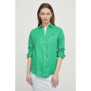 Lněná košile Polo Ralph Lauren zelená barva, regular, s klasickým límcem, 211920516