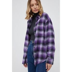 Bavlněné tričko Wrangler dámské, fialová barva, regular, s klasickým límcem