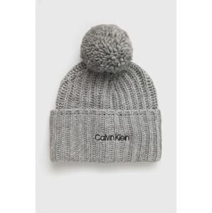Čepice z vlněné směsi Calvin Klein šedá barva, z tenké pleteniny