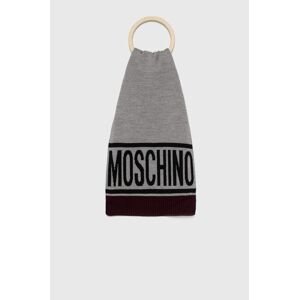 Vlněná šála Moschino šedá barva, vzorovaná