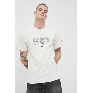Bavlněné tričko HUF krémová barva, s potiskem