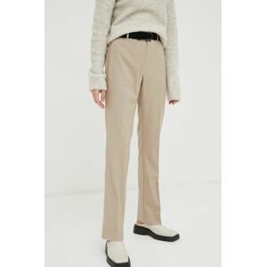 Kalhoty Bruuns Bazaar dámské, béžová barva, jednoduché, high waist
