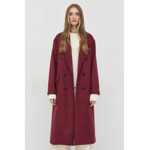 Vlněný kabát Twinset vínová barva, přechodný, dvouřadový