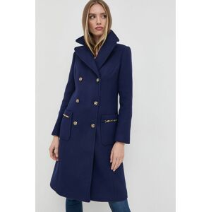 Vlněný kabát Elisabetta Franchi tmavomodrá barva, přechodný, dvouřadový