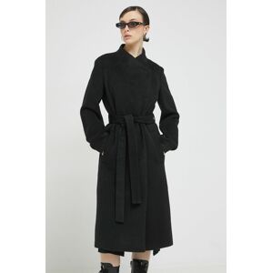 Vlněný kabát HUGO černá barva, přechodný, dvouřadový