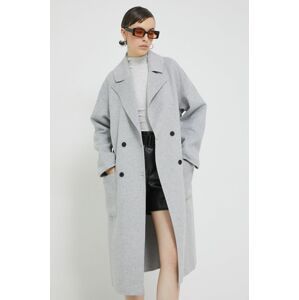 Vlněný kabát HUGO šedá barva, přechodný, oversize