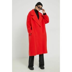 Vlněný kabát HUGO červená barva, přechodný, oversize