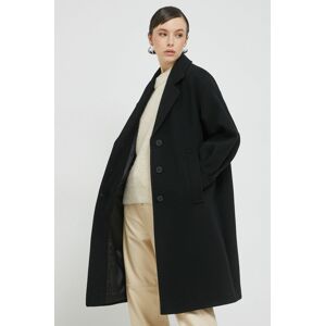 Vlněný kabát HUGO černá barva, přechodný, oversize