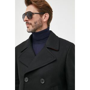 Vlněný kabát PS Paul Smith černá barva, přechodný, dvouřadový