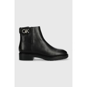 Kožené kotníkové boty Calvin Klein Rubber Sole Ankle Boot dámské, černá barva, na plochém podpatku