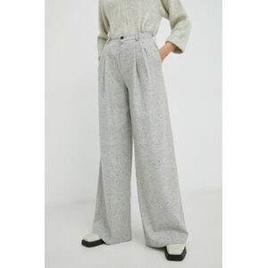 Kalhoty se směsi vlny Drykorn Elate dámské, šedá barva, široké, high waist