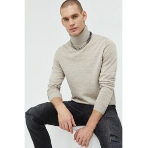Vlněný svetr Premium by Jack&Jones pánský, béžová barva, lehký, s golfem