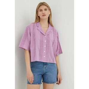 Bavlněné tričko Wrangler fialová barva, relaxed, s klasickým límcem