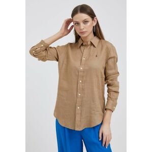 Plátěná košile Polo Ralph Lauren hnědá barva, regular, s klasickým límcem