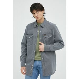Džínová košile Wrangler pánská, šedá barva, regular, s klasickým límcem