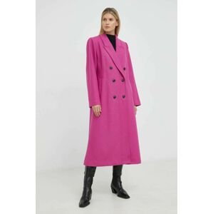 Vlněný kabát Gestuz růžová barva, přechodný, dvouřadový