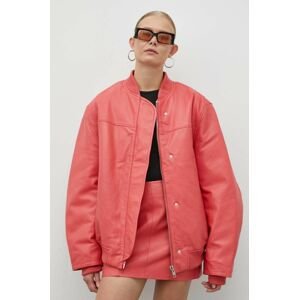 Kožená bunda bomber Remain dámská, růžová barva, přechodná, oversize