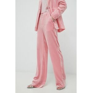 Kalhoty s hedvábím Custommade Pamela dámské, růžová barva, široké, high waist
